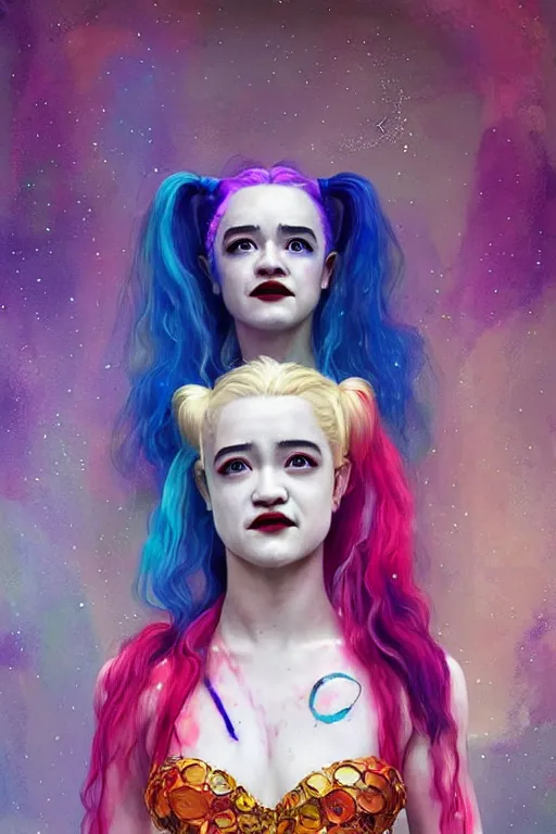 Image similar to portrait of julia garner as harley quinn as delirium of the endless, the sandman, rainbow clothes, in persian temple wet night, sci - fi and fantasy, intricate and very very beautiful and elegant, highly detailed, digital painting, artstation, concept art, smooth and sharp focus, illustration, art by tian zi and wlop and alphonse mucha