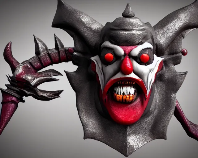 Image similar to 3d sculpt of an ironwork evil clown face with huge bat wings, skull, artstation, digital illustration, league of legends, dark souls