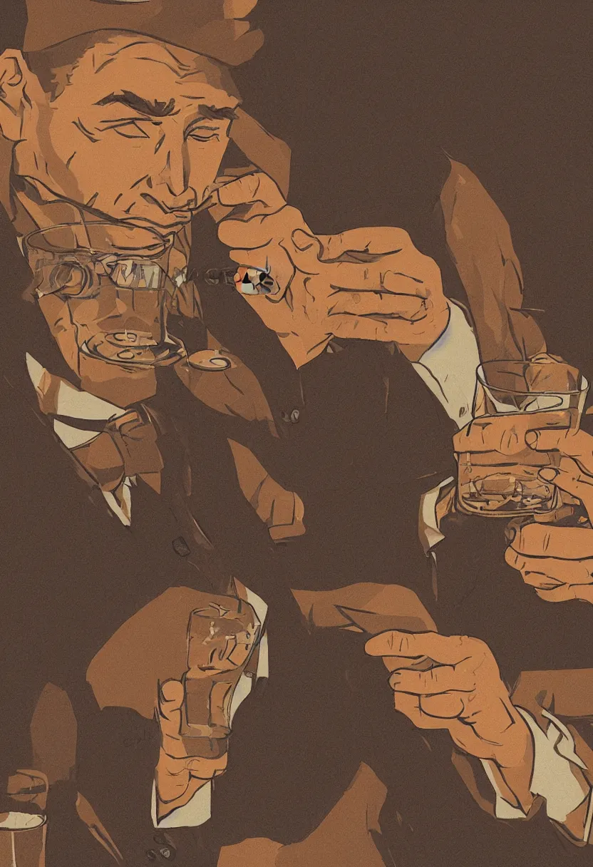 Image similar to a man drinking whiskey on his birthday, highly detailed 2 d illustration in matte colors