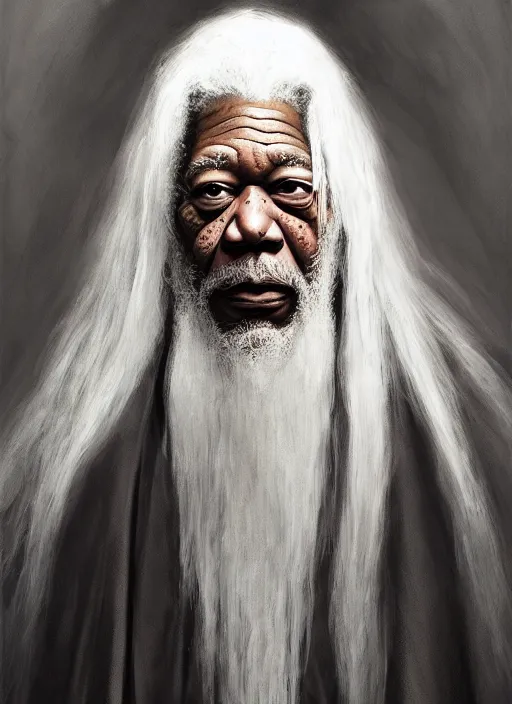 Image similar to evil morgan freeman as evil wizard saurman the white, long white hair and white beard, long white flowing robes, long black wizard staff by alan lee, lord of the rings, smooth, oil painting, matte painting, concept art, trending on artstation, promotional artwork, film still, elegant, photorealistic facial features, intricate, detailed face, cinematic lighting