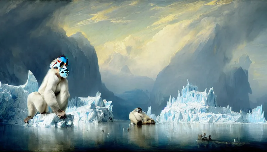 Prompt: highly detailed painting of white giant gorilla cats with large feathered wings on a blue and white iceberg by william turner, by greg rutkowski, by william constable, thick brush strokes and visible paint layers, 4 k resolution