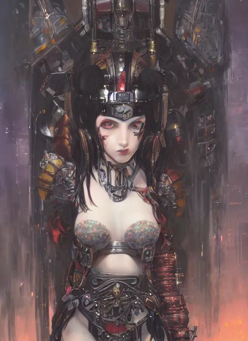 Image similar to portrait of cute beautiful young goth maiden in bikini armor, cyberpunk, Warhammer 40000, gothic, highly detailed, artstation, illustration, art by Gustav Klimt and Range Murata