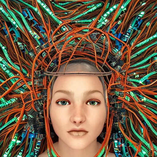 Prompt: swimming deeper into the multiverse, piles of modular synth cables mixed with mangrove roots, kawaii puerto rican goddess emergent wearing a headpiece made of circuit boards, by cameron gray, wlop, stanley kubrick, masamune, hideki anno, jamie hewlett, unique perspective, trending on artstation, 3 d render, vivid