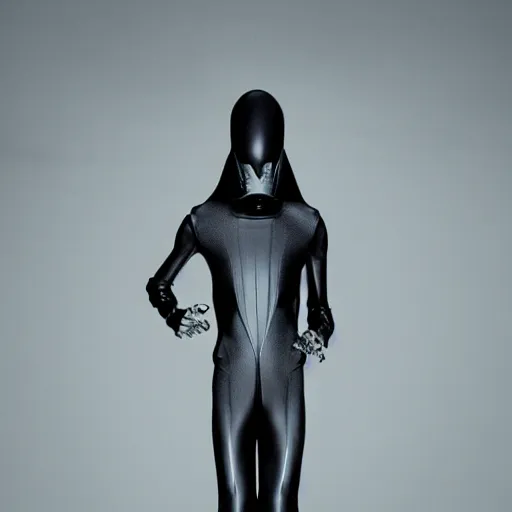 Image similar to realistic photo, alien top model wearing futuristic high fashion clothes, rick owens, demobaza, in a blend grey background