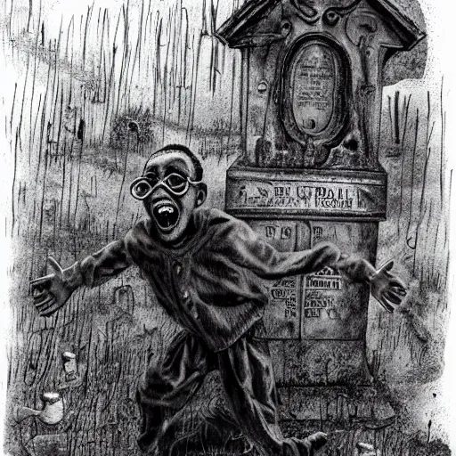 Prompt: Steve Urkel scared in a graveyard, creepy, spooky, horror, ink, illustration, Stephen Gammell