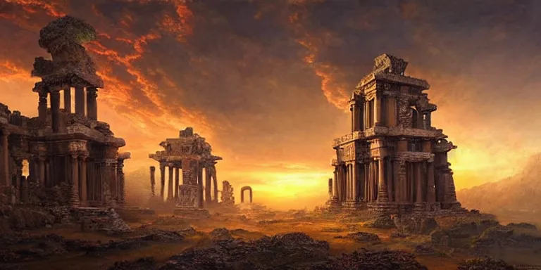 Image similar to beautiful hyperrealistic spectacular painting of the mysterious intricate ruins of the mysterious ancient temple, an advanced technology timemachine with a green - glowing - crystal from the future is inside the temple, by hubert robert and lee madwick and bastien lecouffe - deharme, dramatic sunset lighting, advanced technology