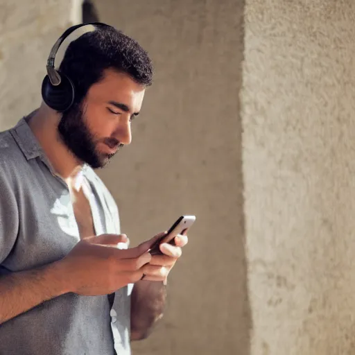 Prompt: hd photo of ancient egyptian RowLow listening to music with headphones and holding his smartphone