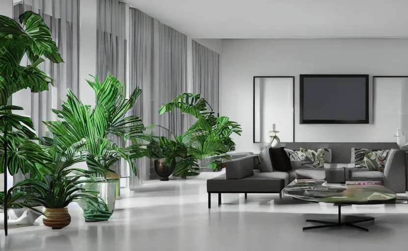 Image similar to empty room architecturaldigest interior, big widescren tv screen in the middle, tropical indoor plants, open shiny floor, v - ray render, high contras