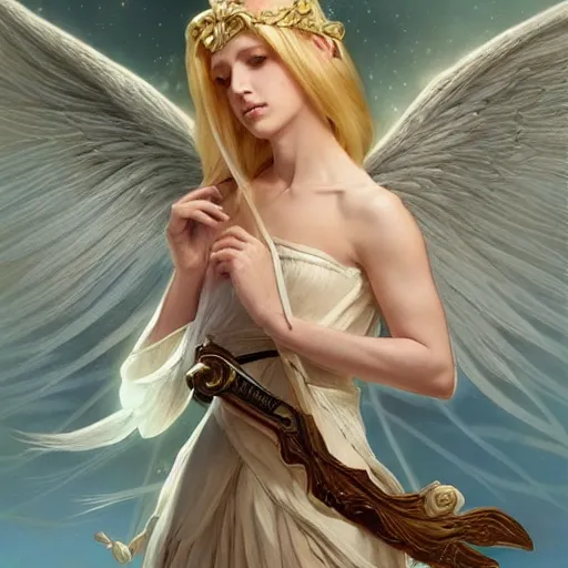 Prompt: A beautiful digital painting of a female angel with blonde hair and a sword in her hand, princess, the moon behind her, D&D, fantasy, intricate, cinematic lighting, highly detailed, digital painting, Artstation, concept art, smooth, sharp focus, illustration, art by Artgerm and Greg Rutkowski, Alphonse Mucha and charlie bowater