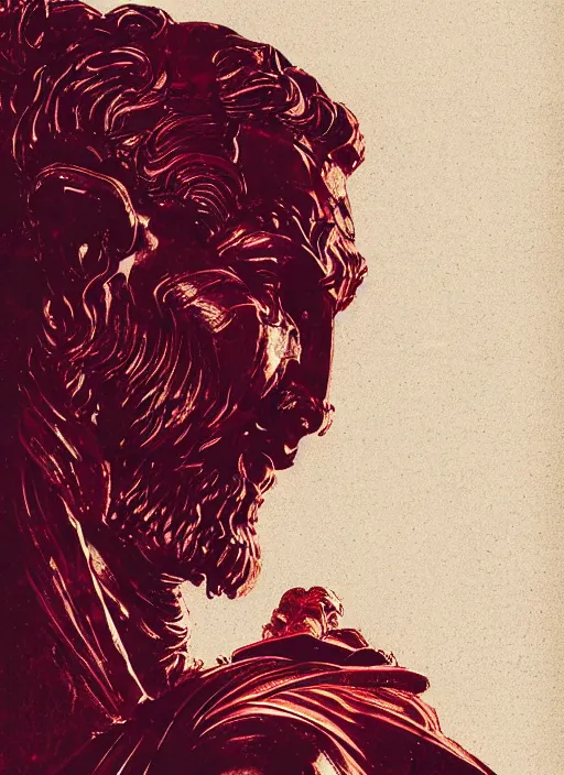 Image similar to dark design poster showing a statue of hercules, black background with very subtle red and purple design elements, powerful, nekro, vito acconci, thin straight lines, dark, glitch art, neo vaporwave, gritty, layout frame, square, trending on artstation