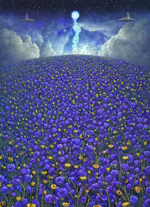 Image similar to detailed, intricate blue black and purple papaverum flower on the field, nebula, galaxy in the sky, winning award masterpiece, fantastically beautiful, illustration, aestheticly inspired, jacek yerka, upscale with anguissola sofonisba work, artstation, 8 k