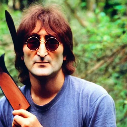 Prompt: john lennon holding a head and a machete, photography, high quality, 8 k,