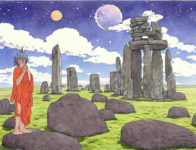 Image similar to a hyperrealist studio ghibli watercolor fantasy concept art of a giant long haired grey buddha in lotus position sitting on top of the stones of stonehenge with a starry sky in the background. a ufo is in the sky. by rebecca guay, michael kaluta, charles vess