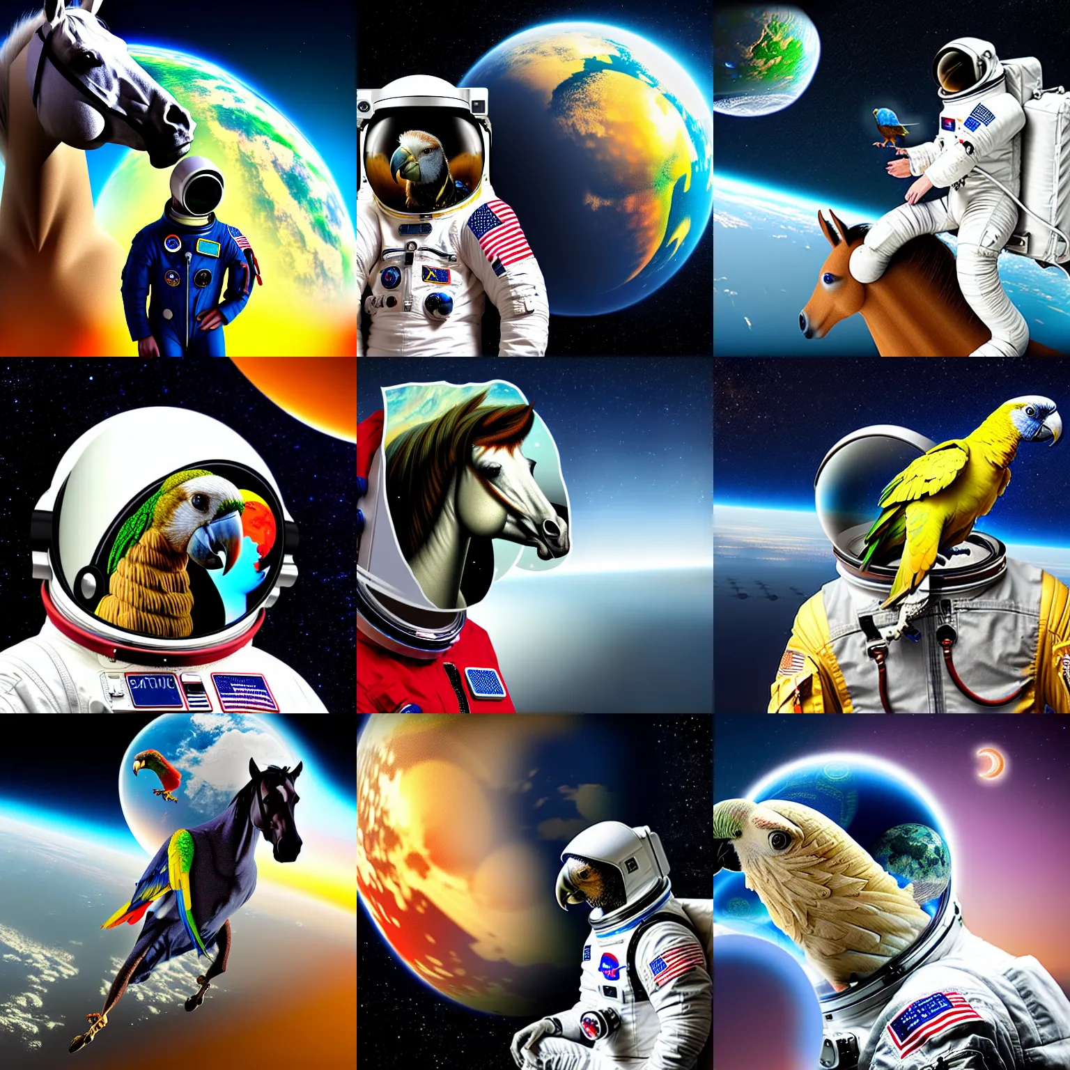 Prompt: extremely realistic digital of an astronaut with a horse - headed parrot sitting on his shoulder