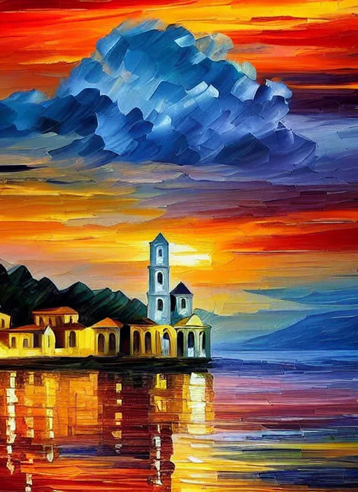 Image similar to beautiful seaside greek church and village at sunset in the style of leonid afremov