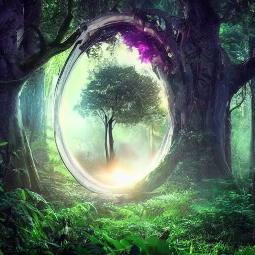 Image similar to horrific, shining portal embedded in a terrifying tree in a densely overgrown jungle, fantasy, dreamlike sunraise, ultra realistic, atmospheric, stopped in time, epic