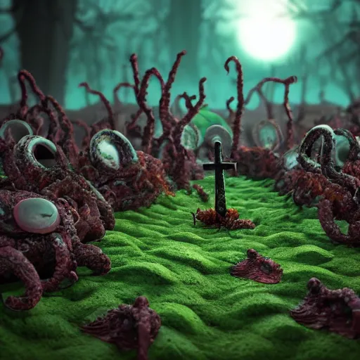 Image similar to voidless of the festival!, The Graveyard, blood moon tentacles!!, outsider art!!!, The ego separates by Wojciech Siudmak!!!!, large group of crabs and worms, crawling along a bed of moss, low poly, creeper world, handcrafted, artstation, hyperrealistic, hard light, best practices, creeptastic, photorealism, macro perspective, cuddly