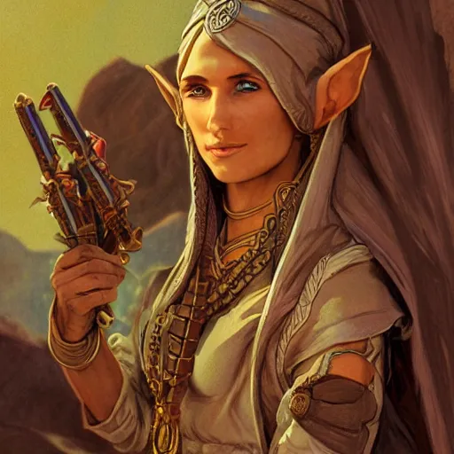 Image similar to Emeth the elven desert bandit. Arabian style. Epic portrait by james gurney and Alfonso mucha (lotr, witcher 3, dnd).