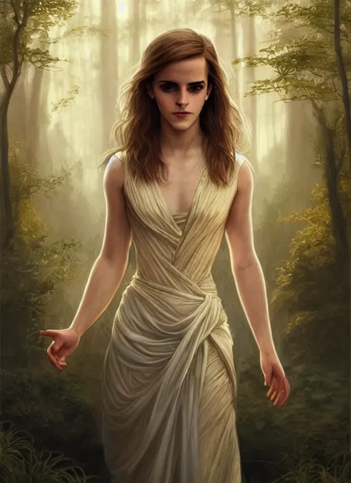 Image similar to emma watson as magic healer goddess, long hair, white and gold cloth, lake in the forest, D&D, shiny background, intricate, elegant, highly detailed, digital painting, artstation, concept art, smooth, sharp focus, illustration, artgerm, bouguereau