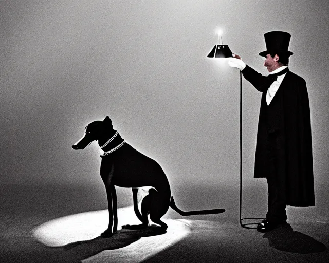 Image similar to greyhound wearing a black cloak and a top hat, under a spotlight, magician dog performing on stage