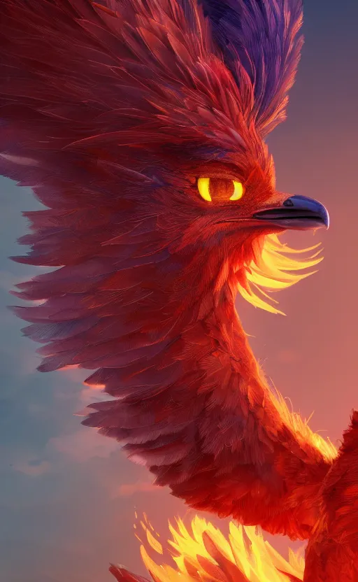 Prompt: a phoenix bird, fire, ash electric, furry, soft, concept art, sharp focus, intricate details, highly detailed, photorealistic, disney pixar, octane render, iridescent, anime, 8 k