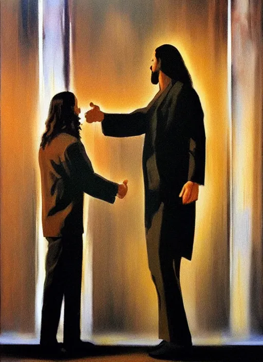 Image similar to 'jesus shaking hands with business man by phil hale, 'action lines'!!!, graphic style, visible brushstrokes, motion blur, blurry