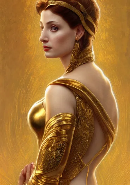 Prompt: sansa angeline jolie gessica chastain mummy cleopatra gold, intricate, elegant, highly detailed, digital painting, artstation, concept art, smooth, sharp focus, illustration, art by artgerm and greg rutkowski and alphonse mucha and william - adolphe bouguereau