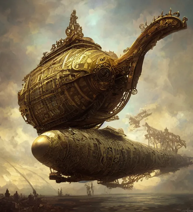 Image similar to a baroque steampunk airship dirigible, intricate, highly detailed, digital painting, artstation, concept art, sharp focus, cinematic lighting, illustration, art by artgerm and greg rutkowski, alphonse mucha, cgsociety