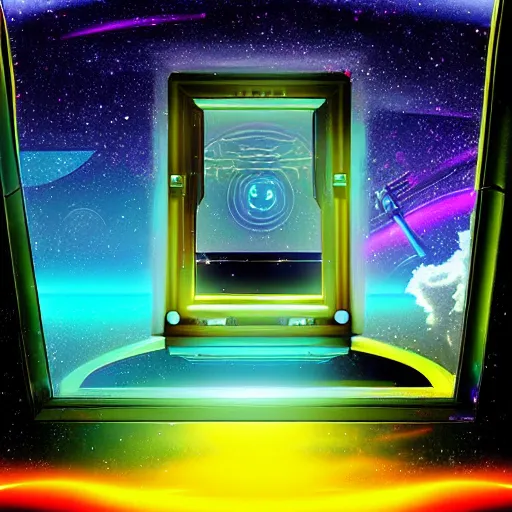 Image similar to A window to space in a synthwave style, digital art
