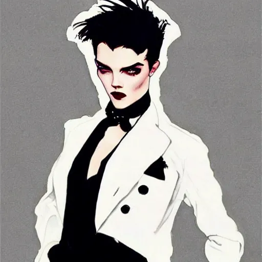 Image similar to beautiful portrait of androgynous ruby rose as desire from sandman in a white tuxedo!!!, rockabilly style,, by alphonse mucha, by jeremy mann, by peter lindbergh, dave mckean, by frank moth, by cedric peyravernay, white suit and black tie, soft lightning, high detailed, 8 k