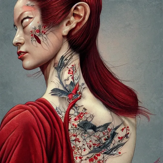 Image similar to ultra realistic illustration, beautiful woman dressed in red kimono, backview, tattoos, in the style of gerald brom by weta digital and beth cavener, high face symmetry, intricate, masterpiece, award winning, high face symmetry, intricate