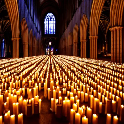 Image similar to symmetry!!! thousands of candles in a gothic cathedral, night, symmetry!!, candles radiate a warm glow, warm light on walls, ultra wide angle, large format, camera position close to floor, big candles in foreground, amazing professional picture, 4 x 5, light bloom, 8 k