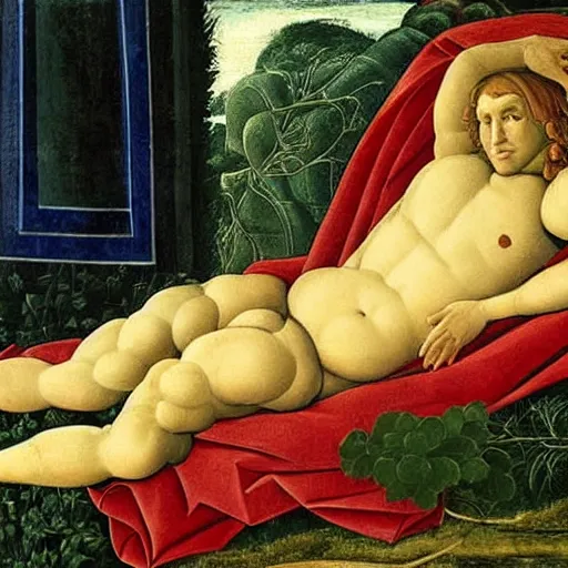 Prompt: portrait of benjamin netanyahu lying elegantly in nature, leaves as clothes, by sandro botticelli