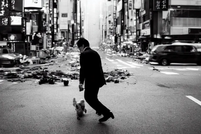 Image similar to cinematography action movie closeup portrait of a Japanese business man carrying his dog running from an explosion in Tokyo by Emmanuel Lubezki