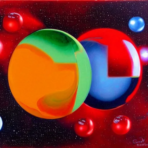 Prompt: chrome spheres on a red cube by gilbert williams