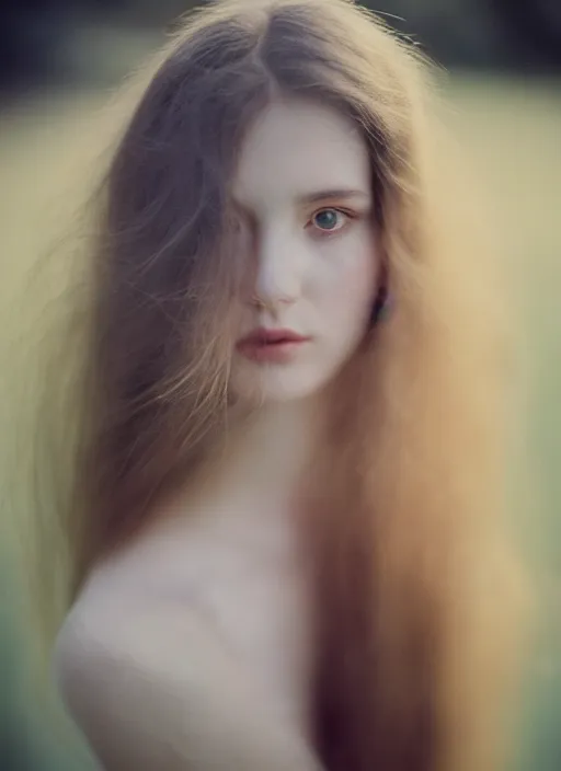 Image similar to cinestill 5 0 d photo portrait of a beautiful woman, delicate, dreamy, subsurface scattering, long hair floating in air in style of gilles zimmermann, 5 0 mm lens, f 2. 4, sharp focus, ethereal, emotionally evoking, head in focus, soft blur light, matt dreamy colour scheme, volumetric lighting, hyperrealistic, ultradetailed