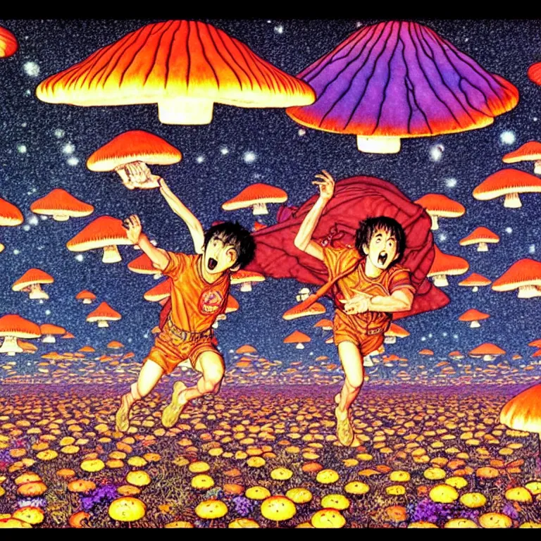 Image similar to cursed illustration of starship landing on planet of colorful mushrooms, manga style of kentaro miura, by norman rockwell, weirdcore