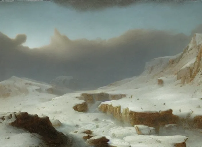 Prompt: earth after the cretaceous – paleogene extinction event, a harsh winter cools down the earth, blizzards envelop the lands and barely any sunlight gets through the thick dust clouds, in the style of hudson river school of art, oil on canvas