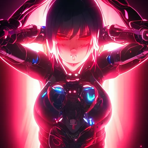 Image similar to digital anime in the style of arcane!!, cyborg - girl hacking into the reality, black red long hair!, biomechanical details, neon background lighting, reflections, wlop, ilya kuvshinov, artgerm