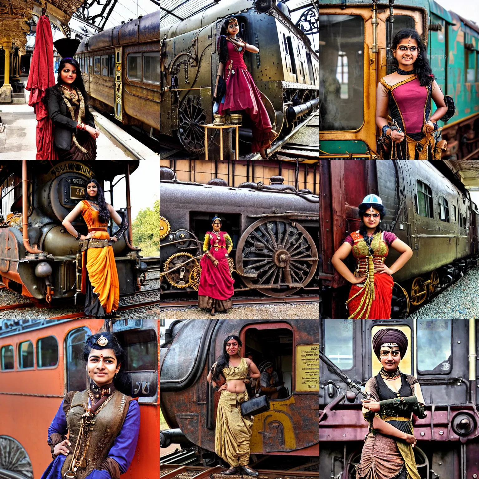 Prompt: Steampunk art, a young Indian woman train driver, wearing a steampunk sari, posing in front of her steam train, at a Victorian train station