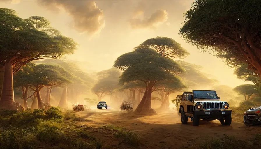 Image similar to mahindra thar driving through madagascar road with baobabs trees, animals running along, artgerm and greg rutkowski and alphonse mucha, an epic fantasy, volumetric light, detailed, establishing shot, an epic fantasy, trending on art station, octane render, midsommar