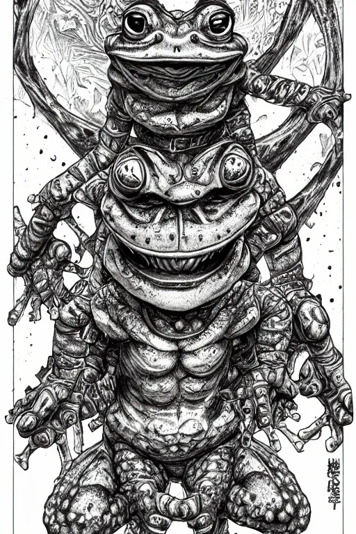 Image similar to humanoid toad warrior, frog themed, bog, symmetrical, highly detailed, digital art, sharp focus, trending on art station, kentaro miura manga art style