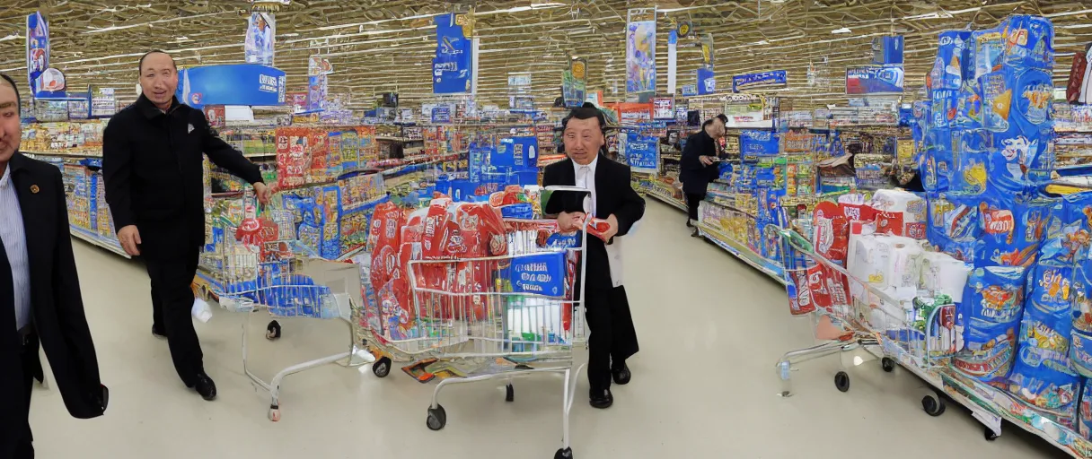 Image similar to genghiz khan in walmart buying lots of toilet paper