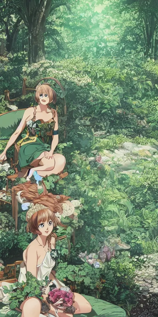 Image similar to the queen of good vibes sitting by herself on a sofa in a forest, drawn by CloverWorks, intricate detail