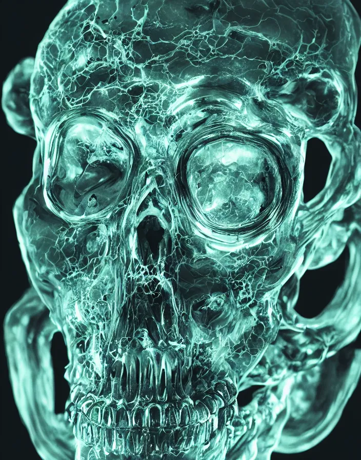 Prompt: portrait of a radium glass skull. intricate abstract. sharp teeth. delicate artwork. infected by zombie fungus. by Tooth Wu, wlop, beeple, dan mumford. octane render, trending on artstation, greg rutkowski very coherent symmetrical artwork. cinematic, hyper realism, high detail, octane render, 8k, depth of field, bokeh. chrome accents.