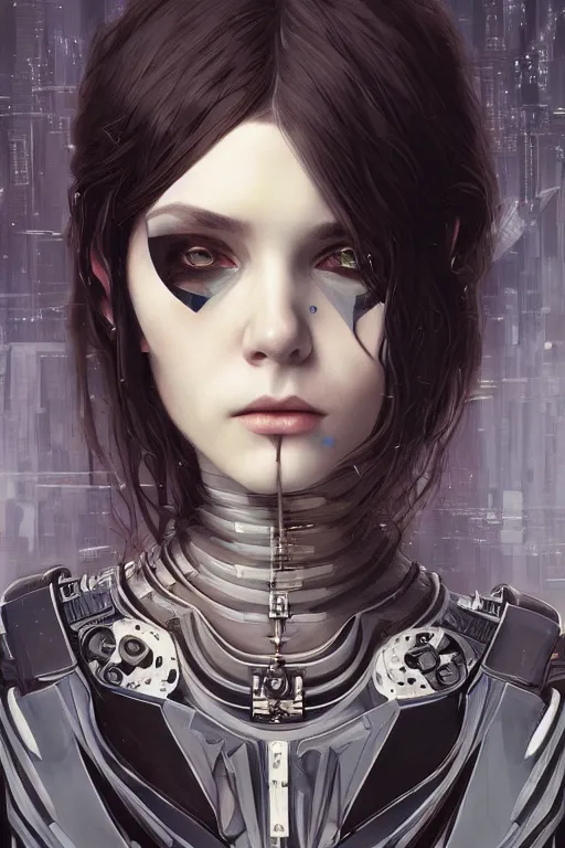 Image similar to portrait of beautiful young gothic cyborg maiden. cyberpunk, Warhammer, highly detailed, artstation, illustration, art by Ilya Kuvshinov and Gustav Klimt