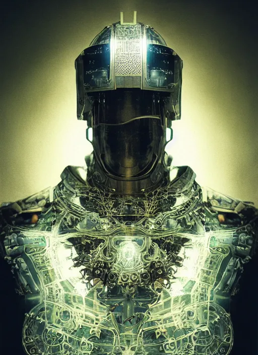 Image similar to portrait of futuristic king arthur knight cyborg, kintsugi, x - ray, steam and cyberpunk, modern fine art, fractal, intricate, elegant, highly detailed, digital photography, subsurface scattering, by jheronimus bosch and frank miller and greg rutkowski,