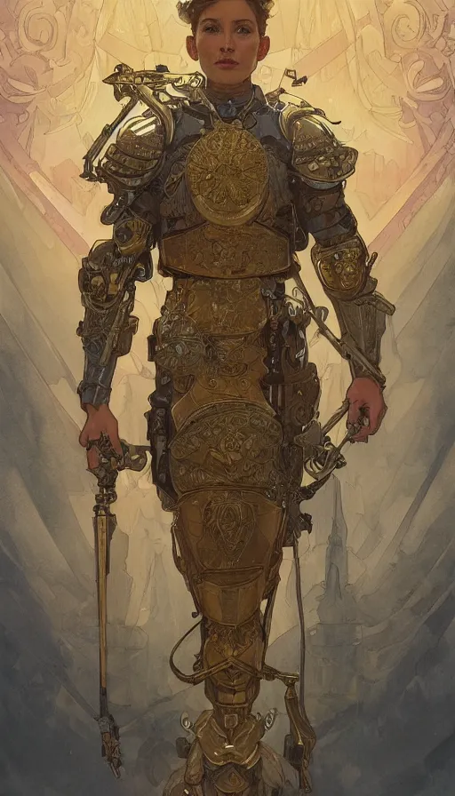 Prompt: a soldier in full armor, highly detailed, very intricate, art nouveau, gold filigree, left right symmetry, tarot concept art watercolor illustration by mandy jurgens and alphonse mucha and alena aenami, featured on artstation