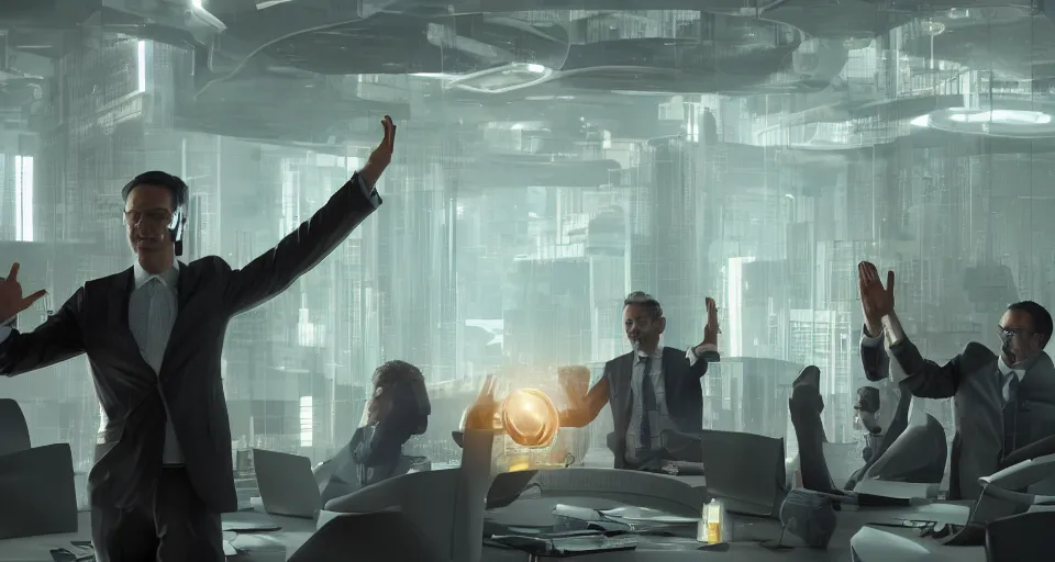 Image similar to Dramatic photo of a CEO waving to a large group of his coworkers in a futuristic office. Golden coins are levitating all around them. 8k, high detail, trending on Artstation, volumetric lighting, cyberpunk