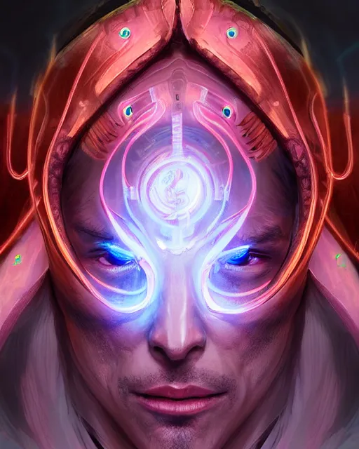 Image similar to incubus, male, neon opal robes, beautiful, cyberpunk, super detailed, very ornate, glow, by stjepan sejic, tom badshaw, greg rutkowski, realistic, symmetrical face, 8 k, sharp focus